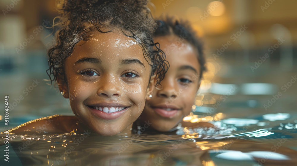 Portrait of two little girls in swimming pool smiling at camera. Portrait of two little girls in swimming pool smiling at camera.