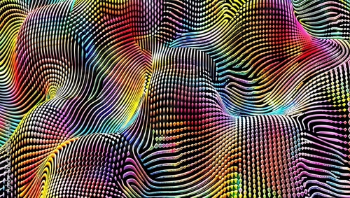 A vibrant, optically illusive abstract digital artwork composed of undulating lines, geometric shapes and hypnotic patterns in a vivid color spectrum. photo