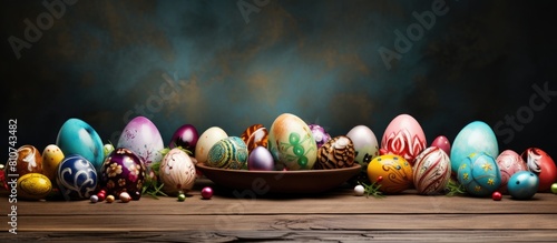 A charming Easter scene featuring whimsically decorated eggs arranged on a wooden plate with plenty of copy space for a captivating image