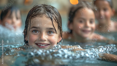 Happy children in the swimming pool. Selective focus on the girl