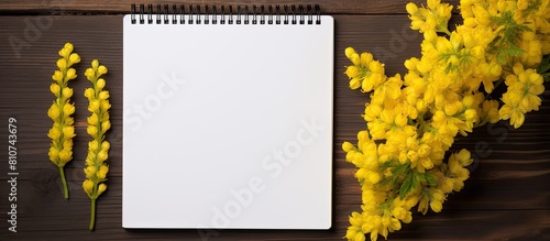 Copy space image of yellow barberry flowers and a blank notepad placed on a rustic wooden background