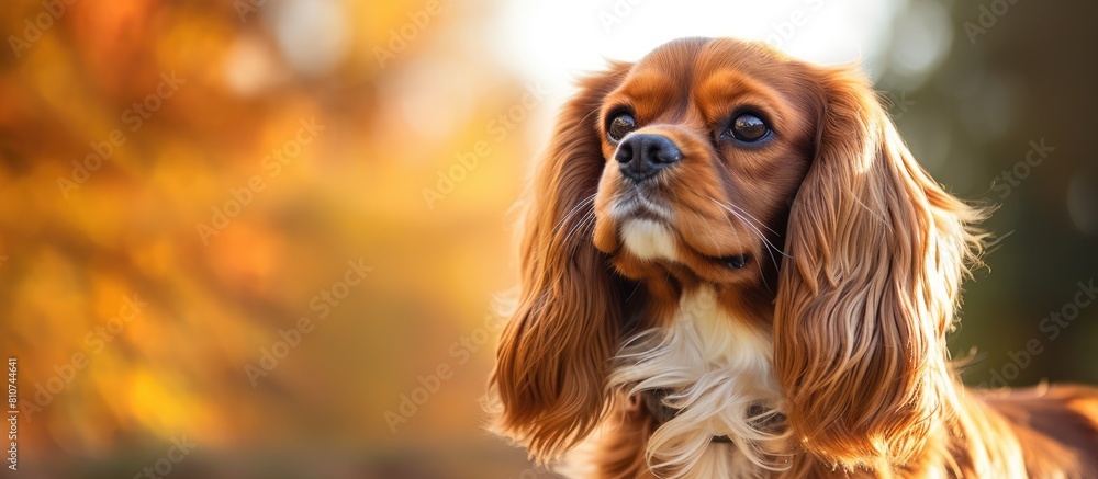 Naklejka premium A delightful cavalier spaniel dog with a charming expression standing alone against a white background perfect for copy space image