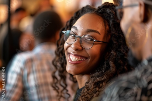 A woman wearing glasses smiling directly at the camera
