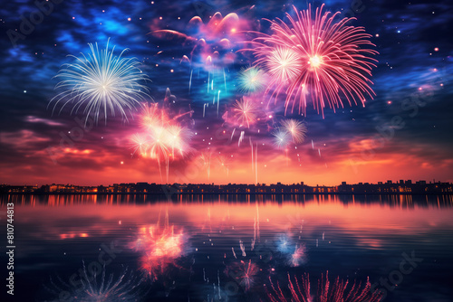 A beautiful night sky with fireworks and a calm lake