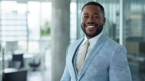 Confident professional  smiling businessman in light blue suit poses in modern office setting