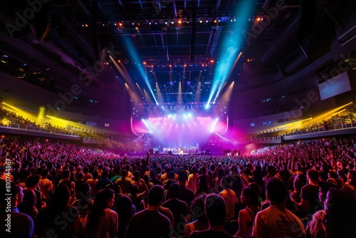 A large, diverse crowd of people is gathered at a concert, captivated by the performance on a colorful stage