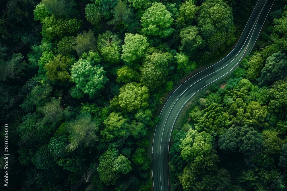 Aerial view of a winding road cutting through a dense forest, showcasing the serenity of the natural landscape