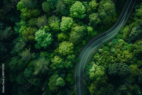 Aerial view of a winding road cutting through a dense forest, showcasing the serenity of the natural landscape © Ilia Nesolenyi