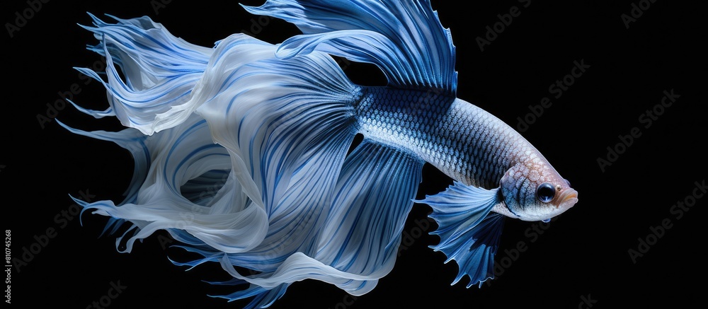 Fototapeta premium A solitary Siamese fighting fish with striking blue coloration elegantly stands out against a deep black backdrop Ample blank space surrounds the fish providing room for further customization in the