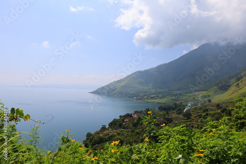 Stunning scenery of volcanic lake Toba - largest and deepest crater lake in the world located in North Sumatra  Indonesia