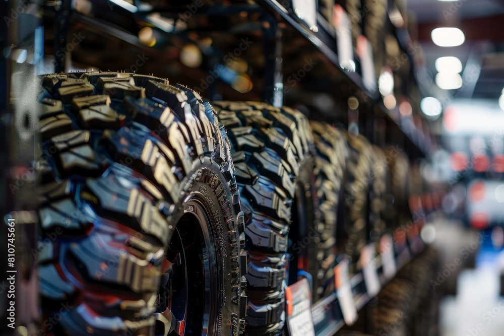Closeup of specialty offroad tires displayed on a shelf in a commercial store, focusing on the detailed tire treads