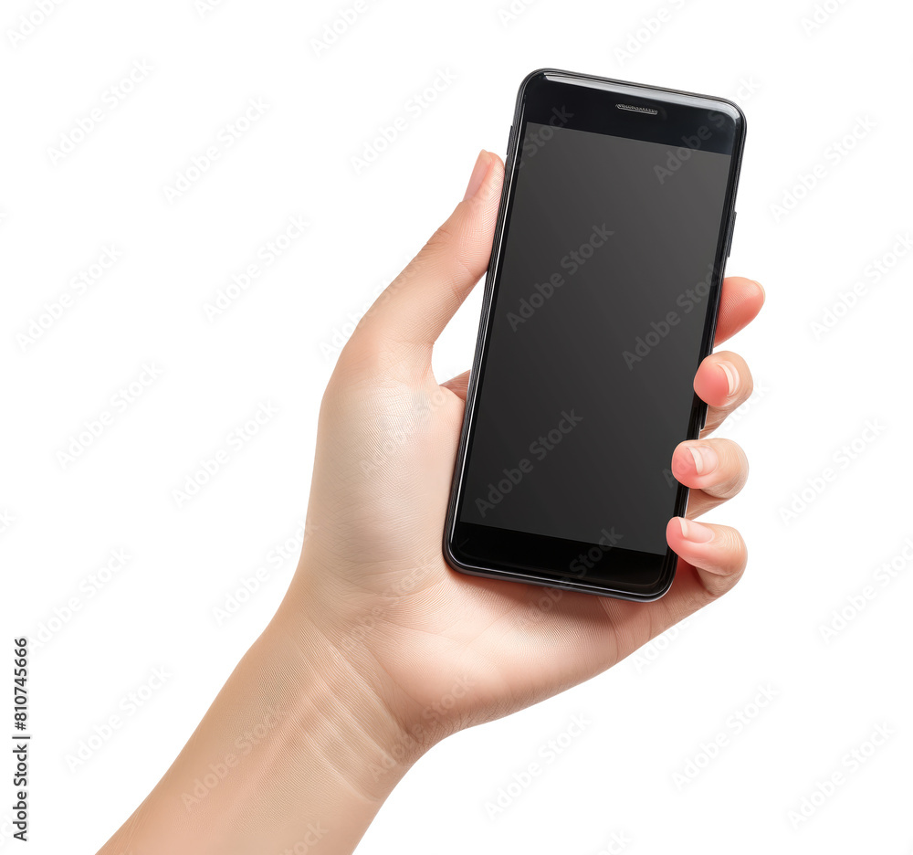A hand holding a black cell phone A hand holding a black cell phone