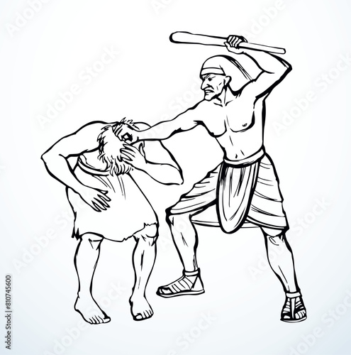 Vector drawing. A soldier beating a slave