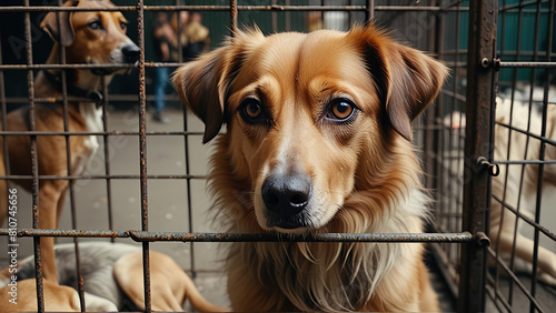 Stray homeless dog in animal shelter cage with a sad abandoned hungry dog behind old rusty grid of the cage in shelter for homeless animals