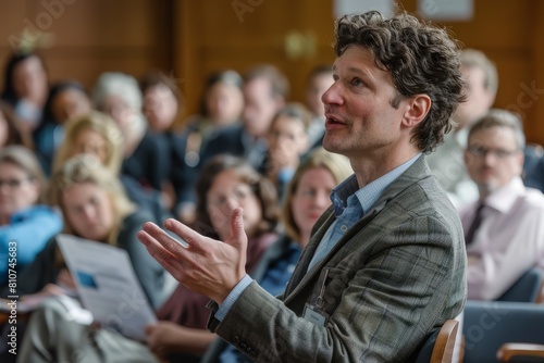 A man, the keynote speaker, stands in front of a crowd of people, gesturing and engaging during a professional development seminar © Ilia Nesolenyi