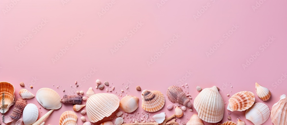 A top down view of seashells a symbol of summer vacations on the beach on a pink backdrop with ample copy space for adding text or images