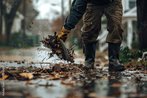 A man is shoveling through fallen leaves on a rainy day in a residential street