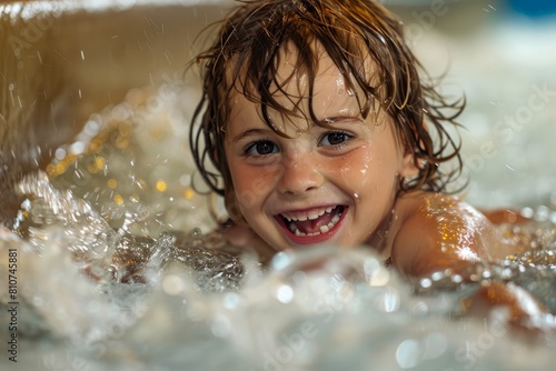 A young child happily smiles as they swim in the water