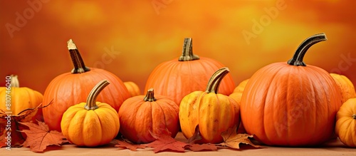 A fall scene with pumpkins and colorful leaves on an orange background providing copy space for images