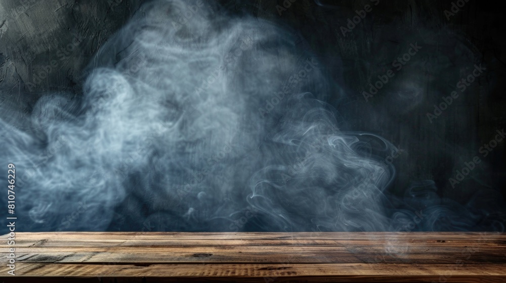 On a black background, an empty wooden table shrouded in smoke. Empty space to showcase your products with smoke on a dark background.