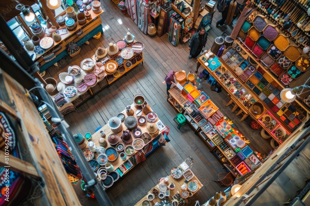 Overhead view of a busy store with rows of stalls showcasing local handcrafted goods