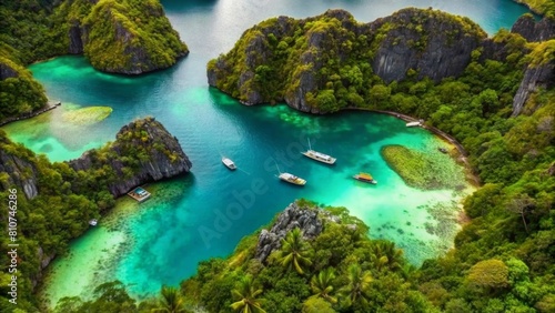 Aerial view of the iconic mangroves and turquoise lagoons in El Nido  Palawan Island with small boats around it.