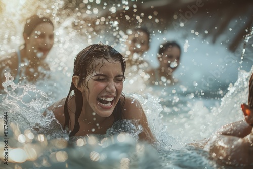 Family laughing and splashing in a pool  enjoying a joyful bonding experience