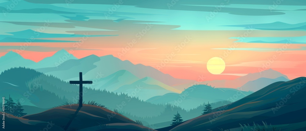 Tranquil Sunrise over Mountains with Cross Silhouette in Foreground Tranquil Sunrise over Mountains with Cross Silhouette in Foreground