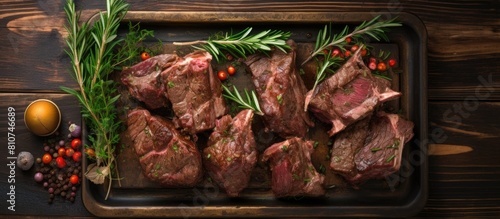 A top view of raw beef short ribs meat on a pan with herbs placed on a wooden background The image provides ample copy space photo