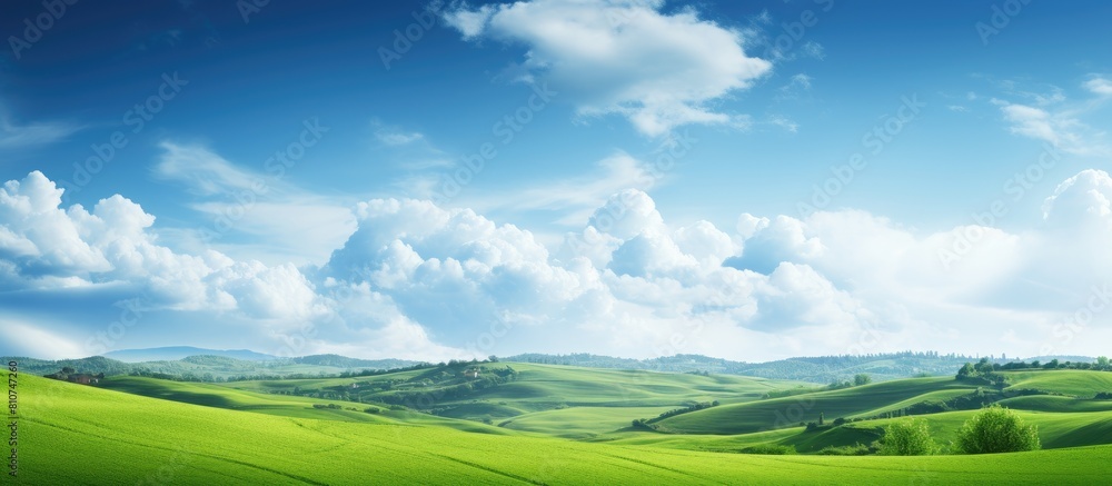 In the summer there is a picturesque landscape of green hills in the upland area creating a serene and captivating copy space image In the summer there is a picturesque landscape of green hills in the upland area creating a serene and captivating copy space image