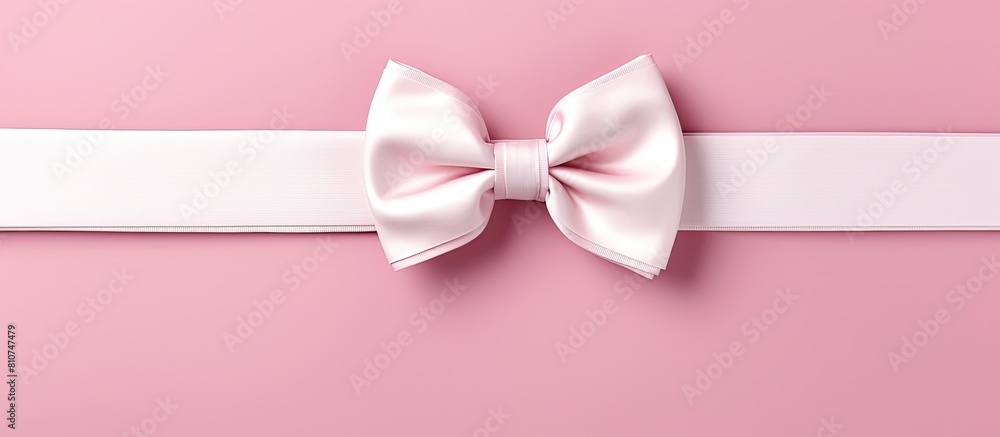 Top view of a fashionable white bow tie beautifully placed on a pink background with ample space available for text in the image Top view of a fashionable white bow tie beautifully placed on a pink background with ample space available for text in the image