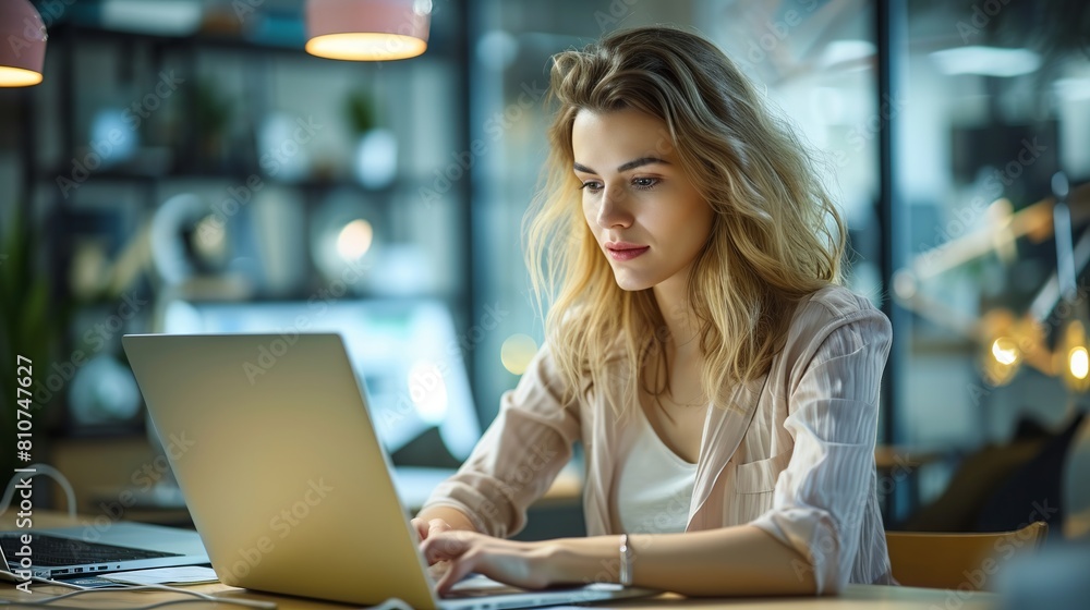 Professional young businesswoman engaged in corporate strategy planning on laptop at modern workspace Professional young businesswoman engaged in corporate strategy planning on laptop at modern workspace