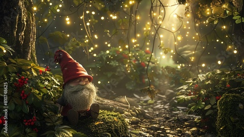 A whimsical and enchanting portrayal of a gnome, nestled in a magical forest setting