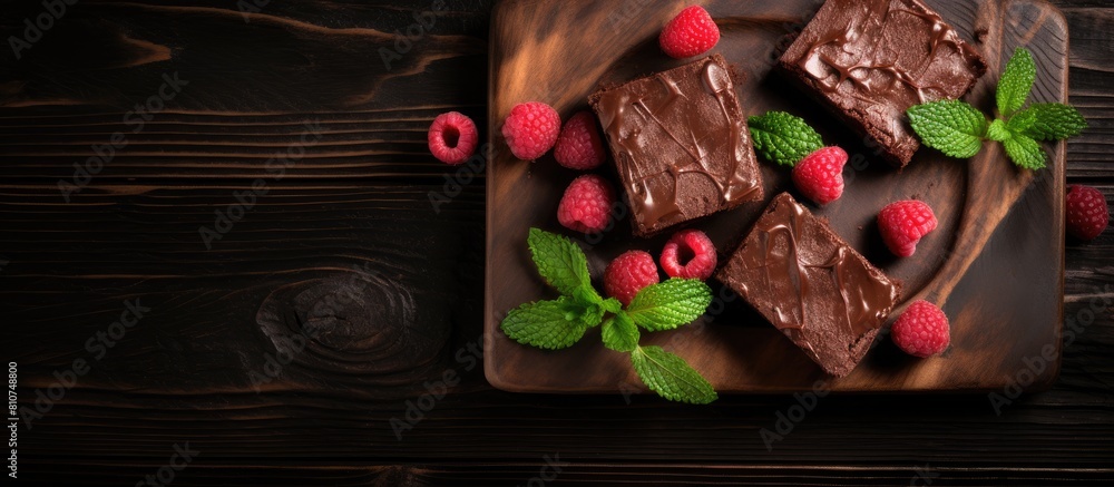 A close up top view of square homemade brownies with a dark chocolate spread paste topped with raspberry and mint leaves These cocoa based sweets on a wooden table are a high calorie pastry and could