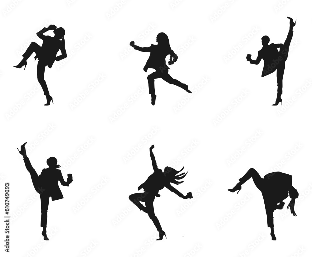 Happy business woman dancing silhouette. Flat vector illustrations. Happy people silhouette set. woman rising Hands up. Dancing persons. Party, success, celebration. isolated on white background. Happy business woman dancing silhouette. Flat vector illustrations. Happy people silhouette set. woman rising Hands up. Dancing persons. Party, success, celebration. isolated on white background.