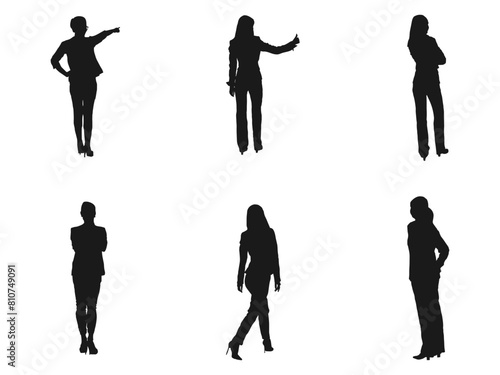 Business woman standing back silhouette. Set of different People Standing and walking. Vector silhouettes of men and a women, a group of standing business people,  isolated on white background.