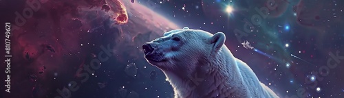 A serene polar bear peacefully gazing at the stars in the midst of an interstellar war photo