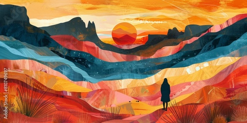 Female hiker in a colorful sandstone mountain landscape at sunset photo