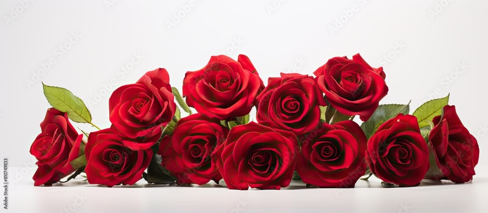 A stunning image featuring vibrant red roses set against a crisp white background Perfect for adding copy space to your design A stunning image featuring vibrant red roses set against a crisp white background Perfect for adding copy space to your design