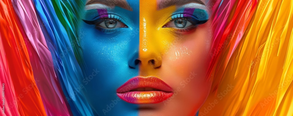 Fototapeta premium Create a flat design front view parade makeup incorporating the vibrant colors of the Pride flag