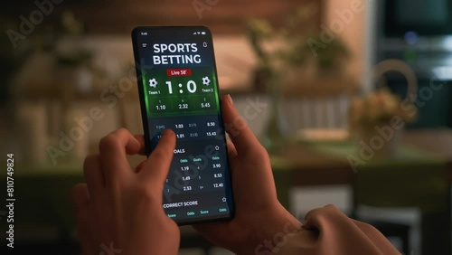 Making online bet on a gambling app. Watching live football score broadcast on a gambling smartphone application and gambling. Internet gambling concept.