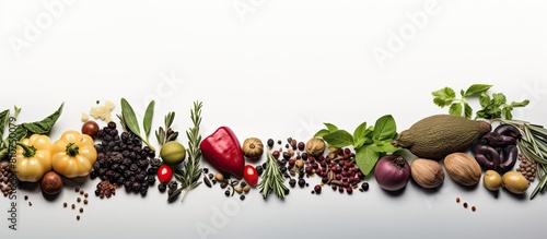 A copy space image of olives vegetables and herb spice arranged in a border frame standing out against a white background