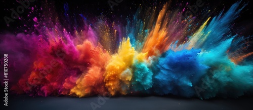 A vibrant abstract explosion of multicolored powder particles creating a mesmerizing background with a freeze frame effect The image captures the dynamic motion of exploding color powder creating a s