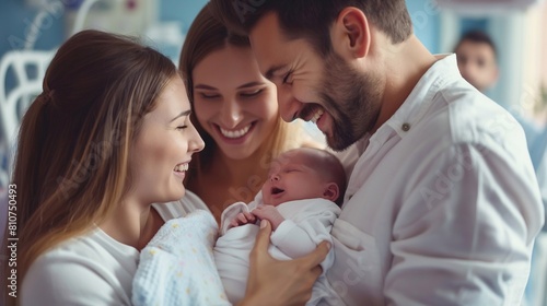 Surrogacy helped an infertile couple have a child. a woman gives her baby to the family after she carries him. family and parenthood concept