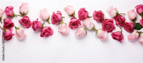 A top view of a rose flower frame on a white background designed for flat lay with empty space for adding content. Creative banner. Copyspace image