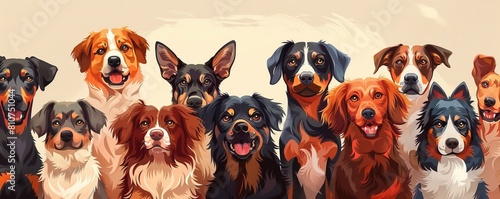Group portrait of dogs of various shapes, sizes, and breeds. Stray pets with happy expression waiting for adoption photo