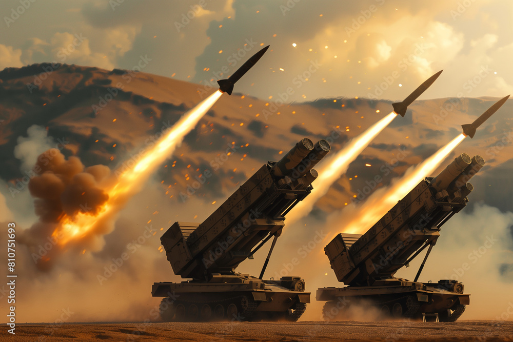 A military tank with a rocket launcher on top is shooting a rocket into ...