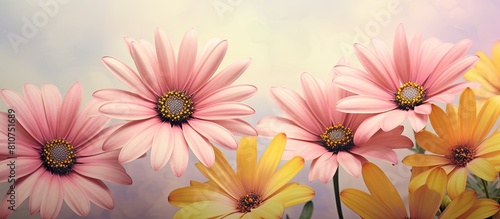 A colorful macro image of wide open yellow and pink African cape daisy marguerite blossoms captured in a vintage painting style with copy space photo