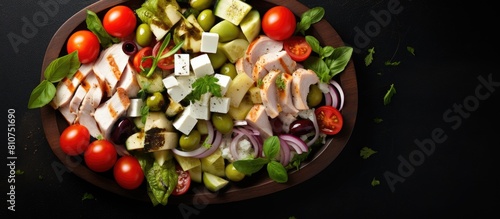 Low carb dietary food of mozzarella cheese olives chicken cucumber and tomatoes in a vegetable and meat salad The top view highlights the copy space image © HN Works