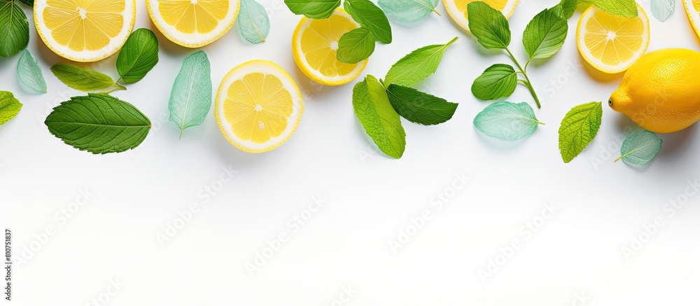Copy space image of fresh mint leaves and vibrant lemons arranged on a clean white background creating a refreshing and health conscious atmosphere Copy space image of fresh mint leaves and vibrant lemons arranged on a clean white background creating a refreshing and health conscious atmosphere